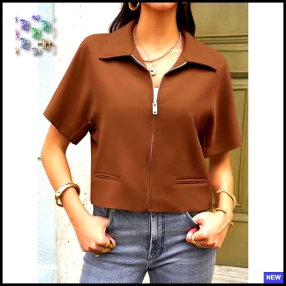 Cropped Zip-Up Vest Top Loose Fit Casual Chic Summer Blouse Trendy - Picture 2 of 6